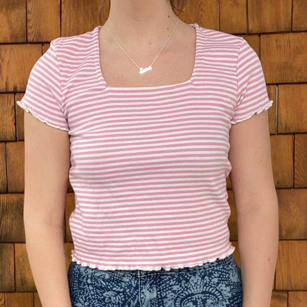 Square neck pink striped shirt